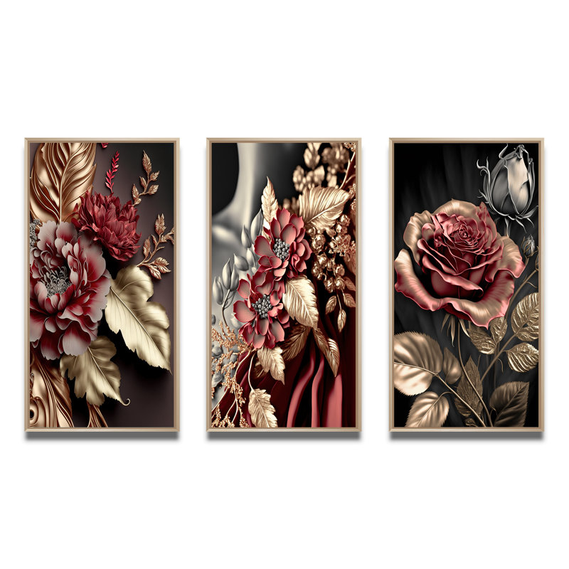 «Vintage Glam Rose», 3 pièces sur toile, H 32 po x l 48 po, Cadre naturel flottant