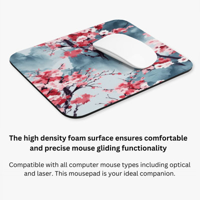 Botanical Japanese Cherry Blossom Tree II Asian Gaming Cute Office Laptop Desk Pad Gift Mat Square Rectangle Non-Slip Mousepad