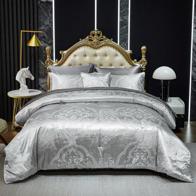 Ensemble d'édredon en jacquard pour grand lit avec draps en satin gris, 8 pièces, broderie royale, décoration florale néo-classique, lit d'hôtel de luxe doux dans un sac avec 1 housse de coussin