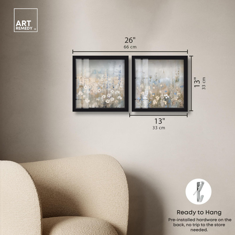 «Tranquility Floral Art», ensemble de 2 panneaux par Shadowbox , H 13 po x l 13 po, Noir