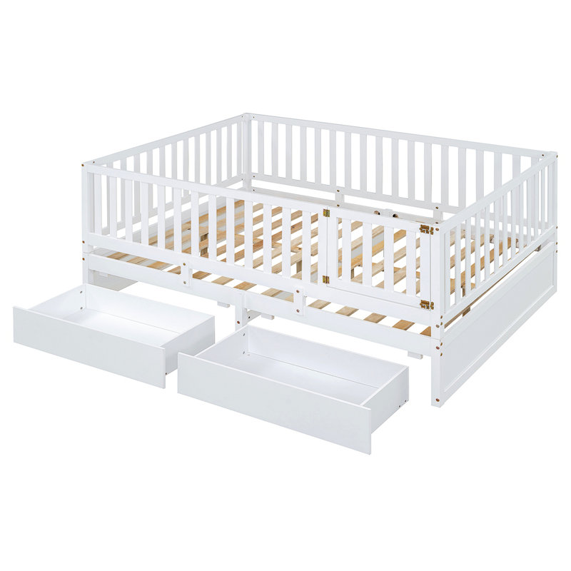 Wood Daybed With Fence Guardrails And 2 Drawers, Split Into Independent Floor Bed With Daybed, Full/Double, White