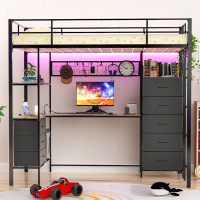 Loft Bed with L-Shaped Desk & RGB LED Lights, Built-in Power Outlets & USB Ports, 8 Storage Drawers & Shelves, Security Guardrail for Teens & Adults, Space-Saving Study Gaming Bed Frame for Bedroom