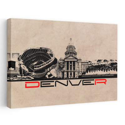 Denver City Skyline View Retro Vintage Abstract Architecture City Wall Art Print 1 Piece Wrapped Canvas Wall Art