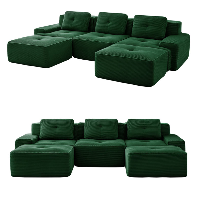 Canapé modulaire en forme de U sans os de 117 po avec repose-pieds, canapé en velours côtelé 3 places avec design capitonné, canapé nuage à assise profonde, aucun assemblage requis et base antidérapante