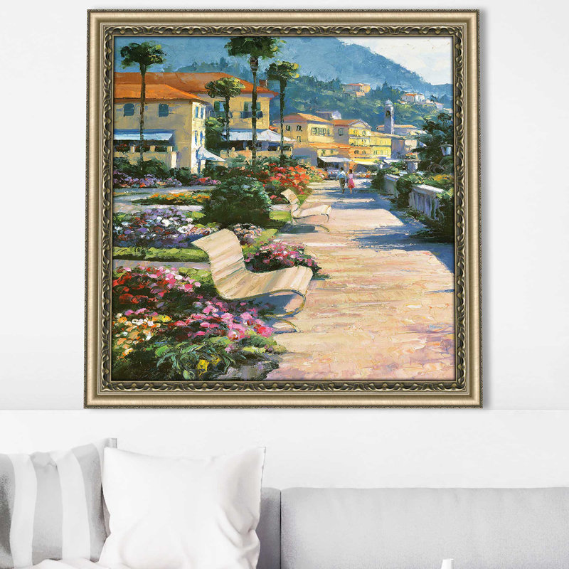 «Bellagio Promenade I» par Howard Behrens - Peinture, Encadrement champagne, H 31,5 po x l 31,5 po x P 1 po