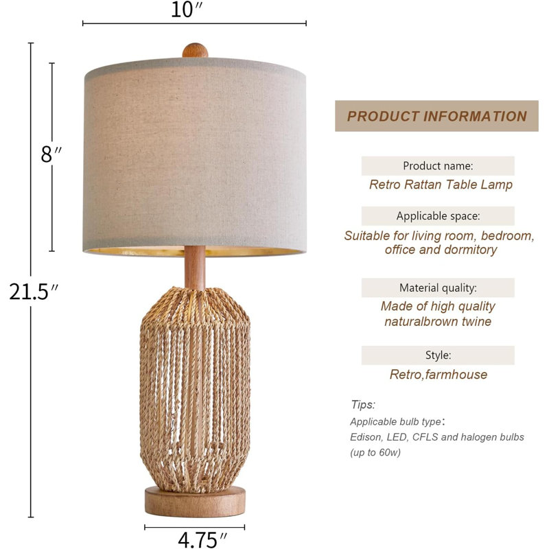 21" Brown Rattan and Linen Farmhouse Table Lamps Set of 2