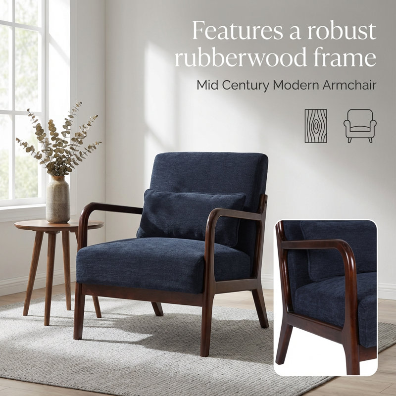 Fauteuil moderne avec structure en bois massif et coussin lombaire amovible, Brun, Bleu antique