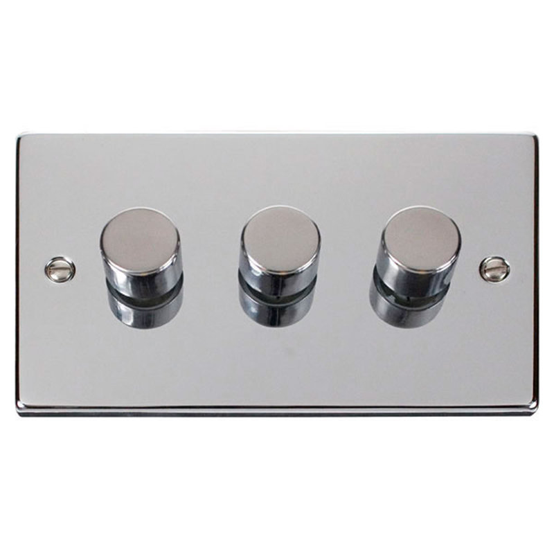 Polished Chrome 3 Gang 2 Way LED 100W Trailing Edge Dimmer Light Switch