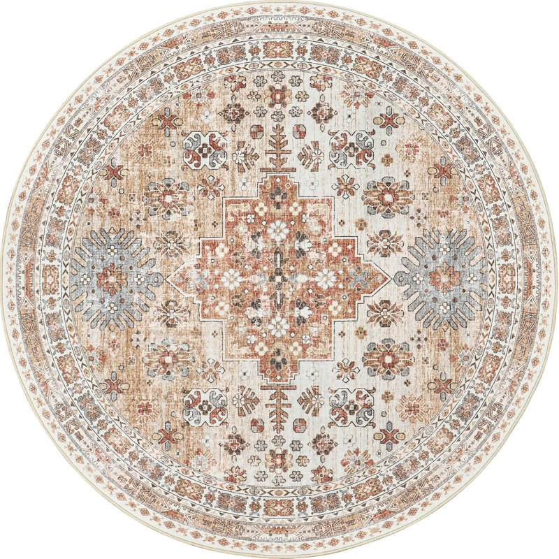 Medallion Non Slip Washable Rug(Orange), Round 5'