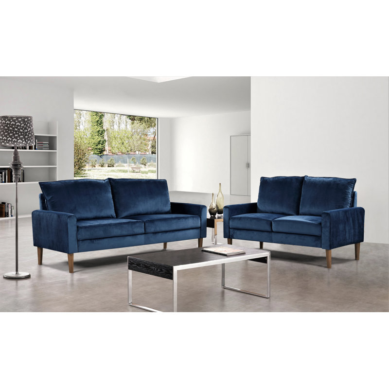 Ediline Velvet Square Arm Sofa, Dark Blue Velvet, 29.5"H x 70"W x 31"D 