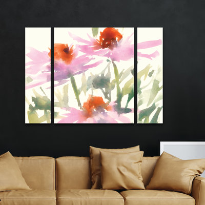 Ensemble de 3 panneaux muraux - «Daisy Garden Views I» par Samuel Dixon, art mural sur toile pour le salon, la chambre à coucher ou le bureau 