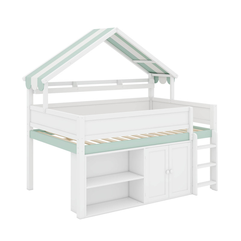 Lit mezzanine double avec toit à baldaquin, Blanc/vert