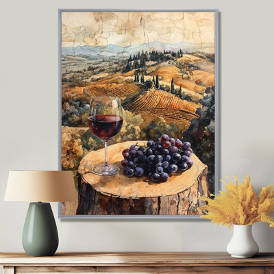 Vineyard With Glass Of Wine And Grape In Provence II - Vineyard Framed Wall Art
