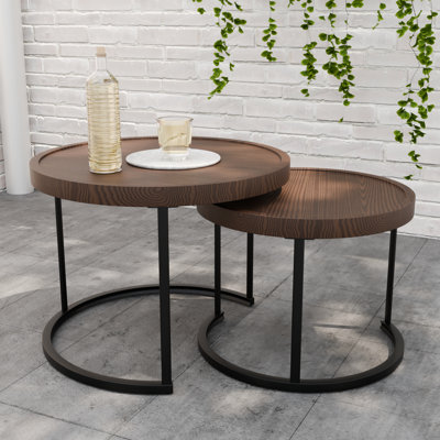 22.8 in. Round Wood Top Nesting Coffee Tables with Metal Base (Set of 2)