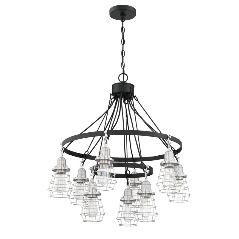 Chenoweth 9 - Light Dimmable Wagon Wheel Chandelier, Flat Black/Brushed Polished Nickel, Brushed Polished Nickel