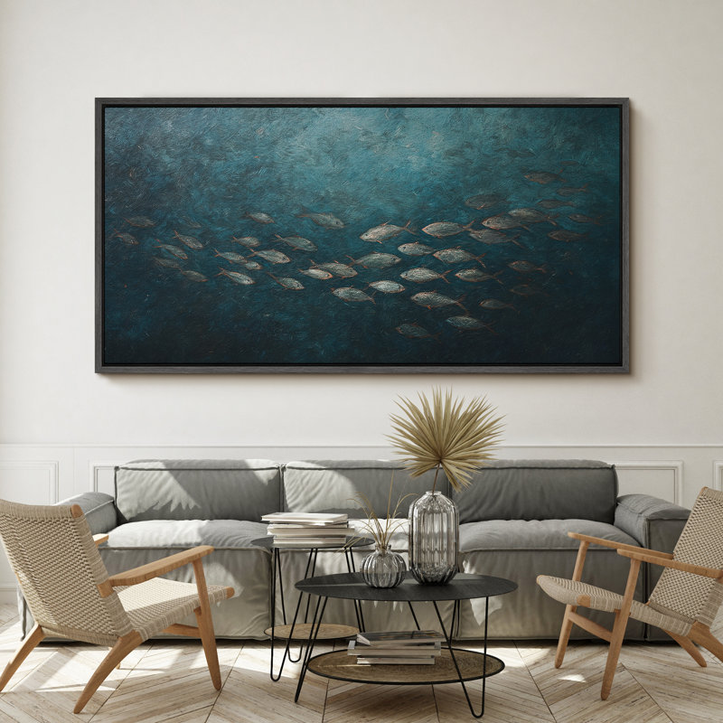 Large Framed Canvas Print Wall Art - school of fishes Ocean Landscape Print for Modern Home Decor, Black, 30" H x 60" W