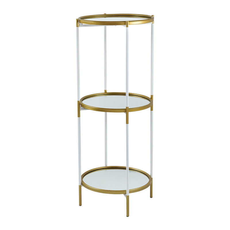 16" x 16" x 39.5" 3-Tier Mirrored Shelf Side Table, White & Gold Metal Frame with Glass Tiers – Luxurious Accent for Living Room or Bedroom