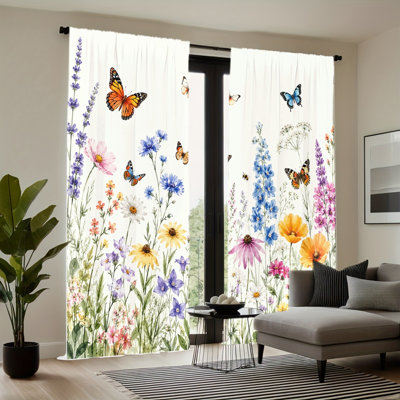 2PCS Wildflower Butterfly Design Light Filtering Curtains with Delicate Floral Pattern, Spring Garden Decor, Easy Hang Rod Pocket, All-Season Curtains for Home Living Room Bedroom Dormitory Decoration