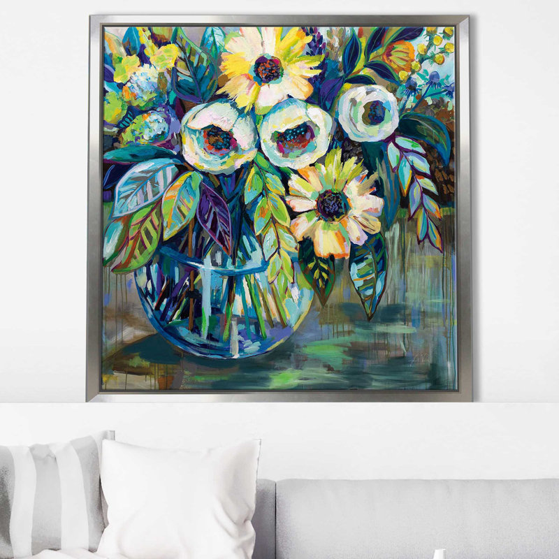 Lumière bleue - peinture, Cadre flottant argent, H 27,5 po x l 27,5 po x P 2 po