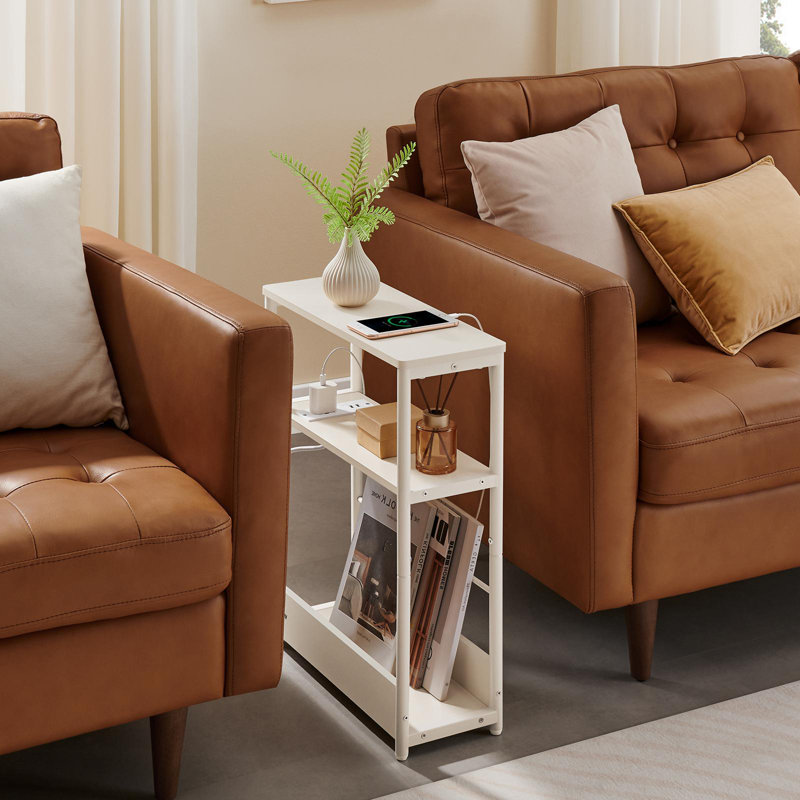 Side Table With Charging Station,magazine Rack, Cream White