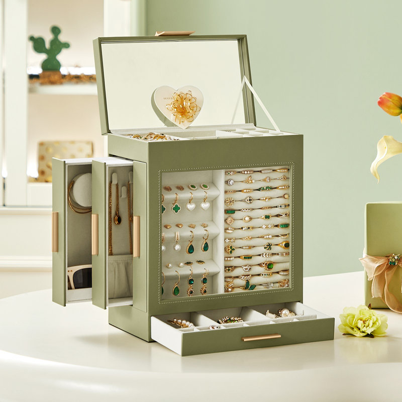 Boîte à bijoux en bois + miroir, Vert laurier
