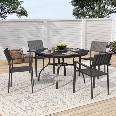 5-Piece Outdoor Patio Dining Set with 47-Inch Round Wood-Grain Table and 4 Stacking Metal Chairs, Rustproof and Easy Assembly