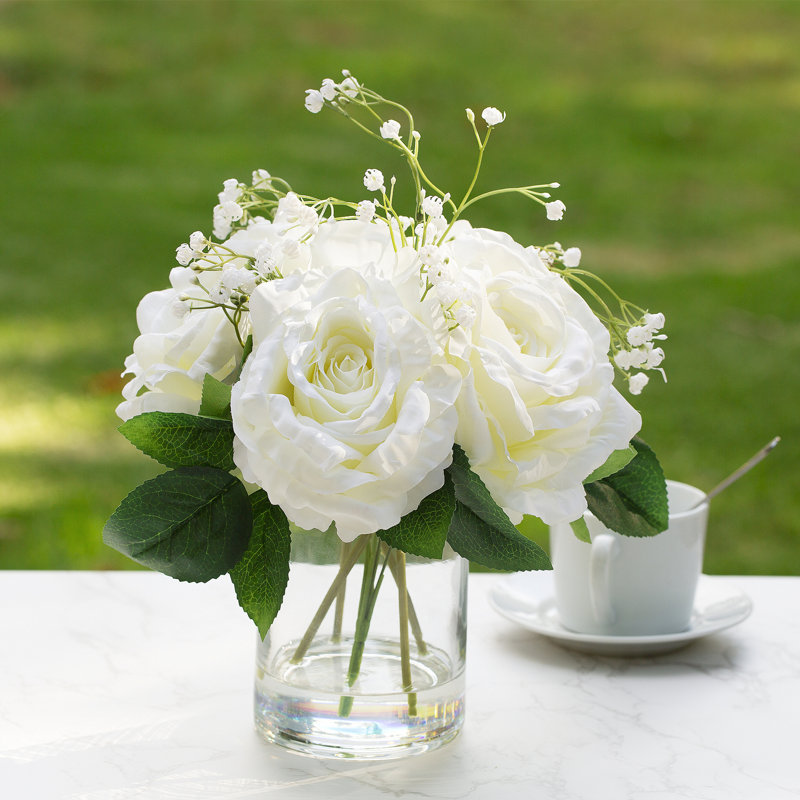 Silk Roses Arrangement in Vase, White/Green
