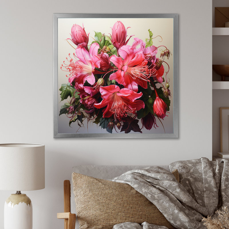 Fuchsia rétro rose, art mural Fuschia, Cadre simple argenté, H 16 po x l 16 po x P 1 po
