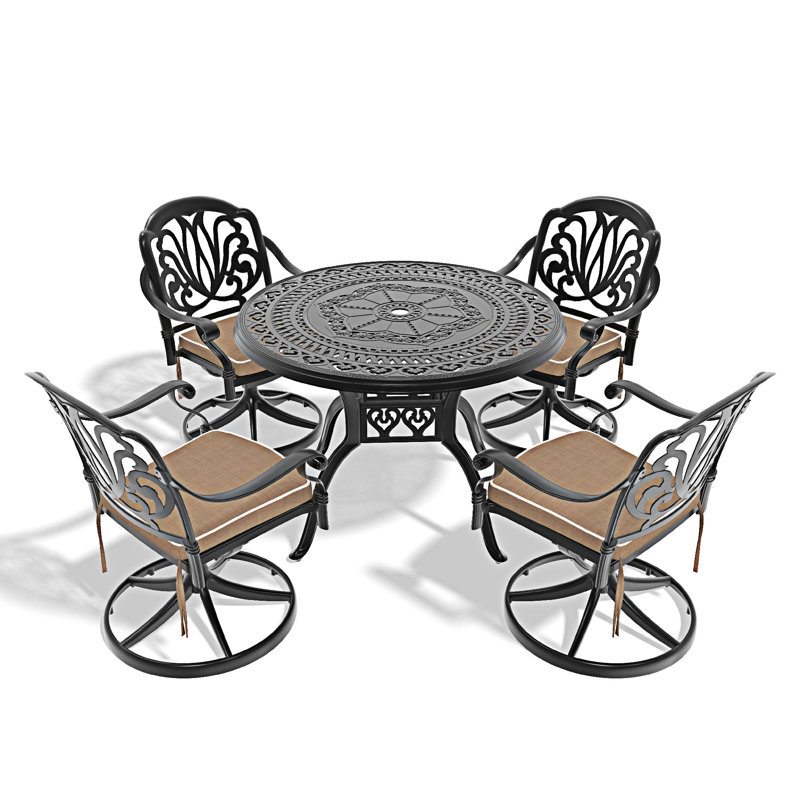 5-Piece All-Weather Cast Aluminum Dining Set, Beige, 4