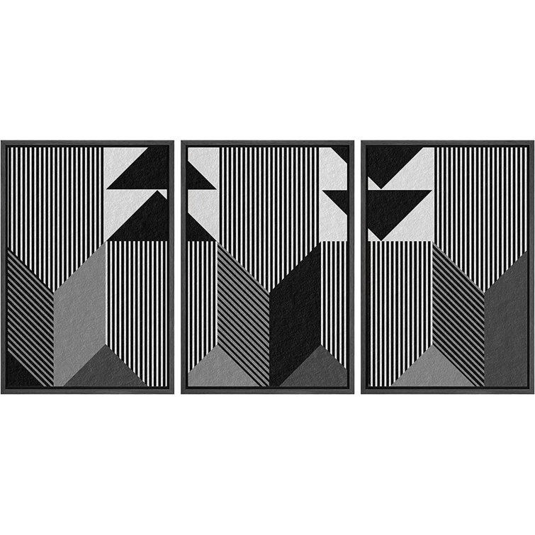 IDEA4WALL Framed Wall Art Print Set Geometric Black 3D Illusion Polygons Abstract  Shapes Illustrations Modern Decorative