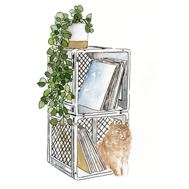 Plants and Cat - Painting Print, Black Floater Framed, 122 cm H x 81 cm W 