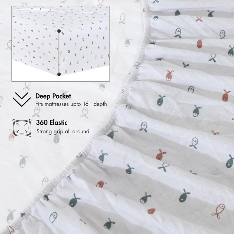 Draps en flanelle RUVANTI 100 % coton, taille Queen, ensemble de 4 pièces, poches profondes de 40 cm, motif Petits Nageurs