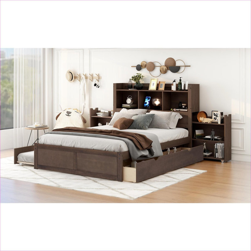 Lit plateforme double en bois massif brun clair avec lit gigogne simple et tiroirs de rangement