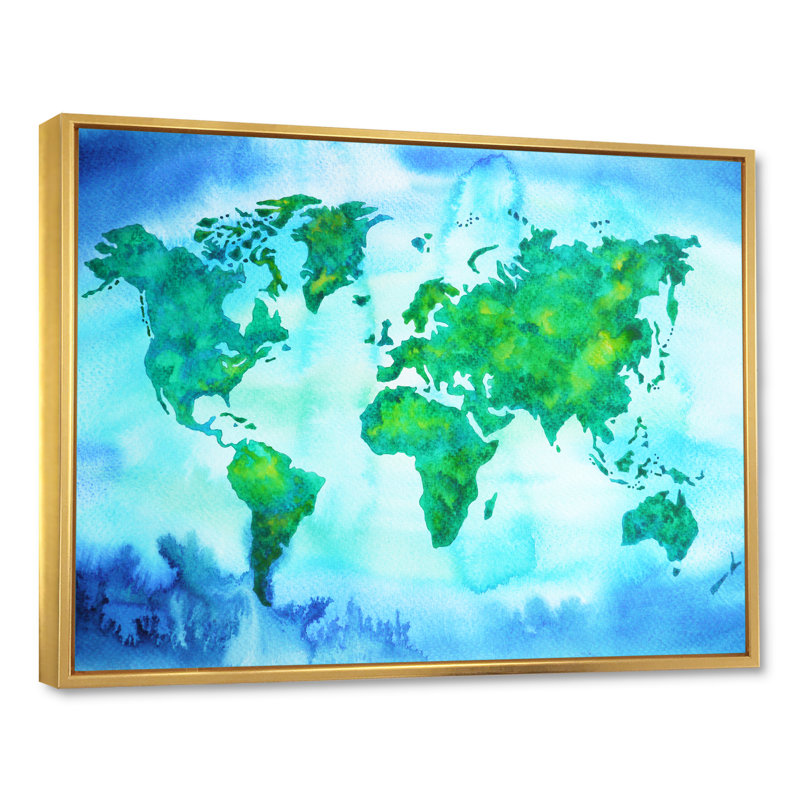 «World Map Blue Green Tone», reproduction sur toile, H 30 po x l 40 po x P 1,5 po, Cadre flottant doré