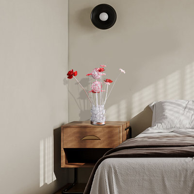 Aluminum 4 Red Roses 6 Petal Floral 2 Red/Silver Flower Bud On A 4 Squared Modern Hexagona Chrome Vase Table Lamp for Living Room, Nightstand Bedside Table Lamp for Bedroom, LED Lamp