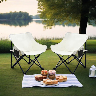 2Pcs Foldable Beige Outdoor Camping Chairs With Carry Bag - Comfortable Cushioned Seat, Side Pocket, Heavy Duty Steel Frame, 264 Pound Support, Good For Fishing, Camping, And Barbecues Portable,