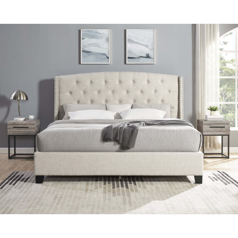 Ensemble de chambre rembourrée 3 pièces Astral, lit à oreilles capitonné avec deux tables de chevet, Beige/Grey
