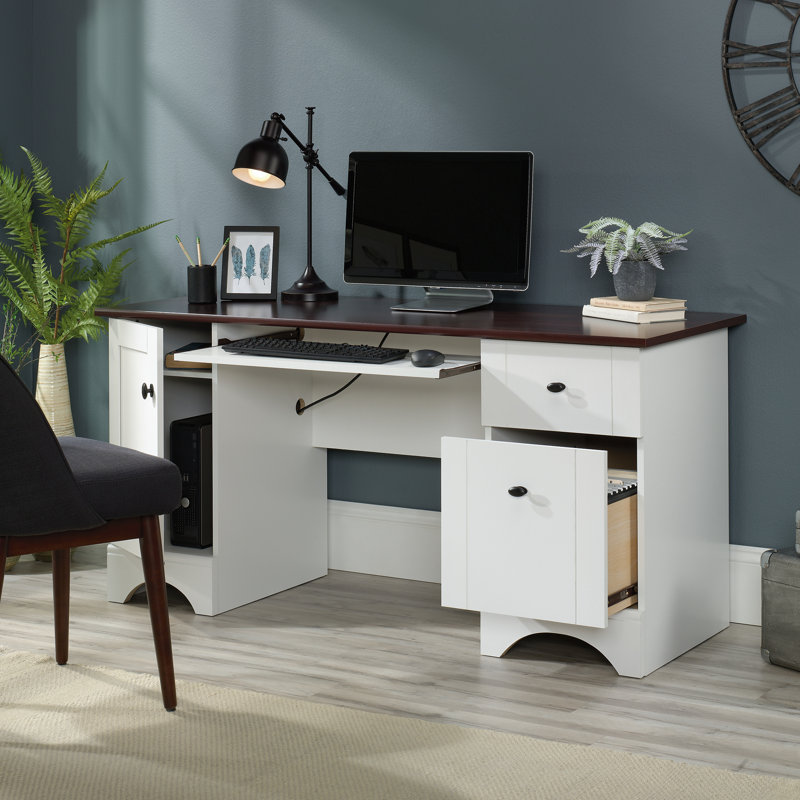 Computer Desk, White Finish, Select Cherry/Soft White
