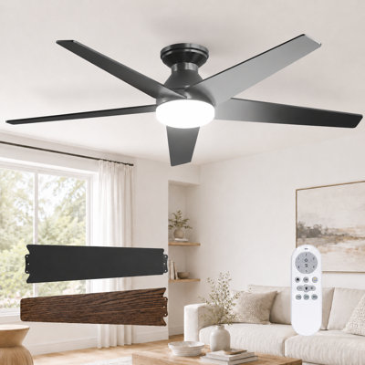 Ventilateur de plafond moderne à 5 pales de 52 po avec lumière, DEL 3ct, moteur à courant continu à 6 vitesses, télécommande, encastré, noir