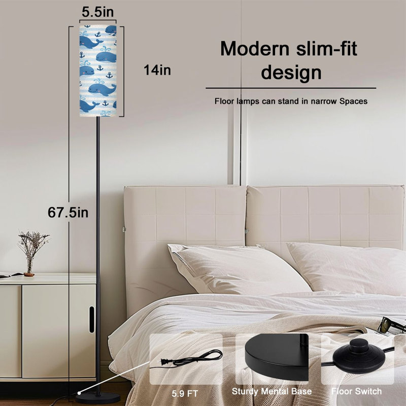  68.5" Standing Floor Lamp Cute Blue Cartoon Whale Nautical Anchors Light Stripes Dimmable Metal Pole Lamp with Linen Lampshade LED Bulb Included
