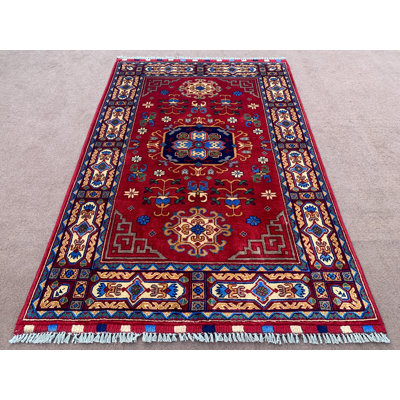 Tapis de 3,4 pi x 5,0 pi rouge Jamesburg, tapis en laine fabriqué à la main afghane, tapis à motif géométrique floral, tapis à poils longs doux, 100 x 151 cm, beau tapis de chambre à coucher.