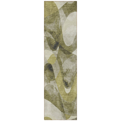 8' Runner Olive Green Abstract Washable Non Skid Indoor Outdoor Runner Rug