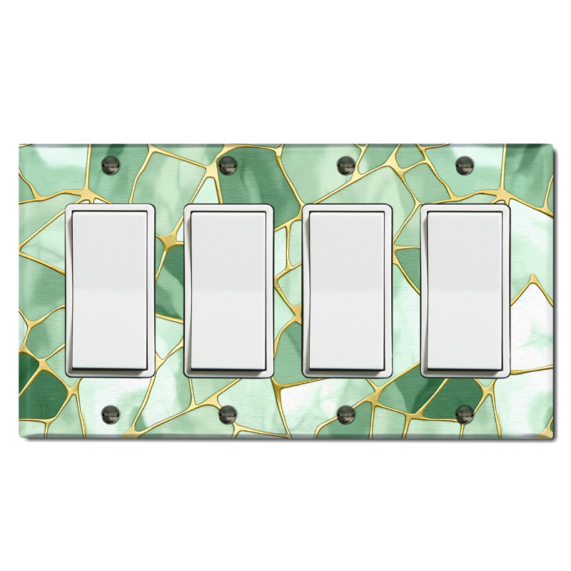 Metal Light Switch Plate Outlet Cover (Green Stained Glass Print - Quadruple Rocker)