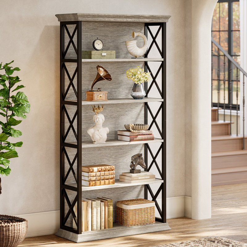 71" Etagere Bookshelf Set, 5-Shelf Industrial Bookcase For Home Office, Living Room, Gray/Black, 2
