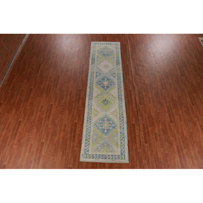 Tapis vert et bleu à motif géométrique Oushak