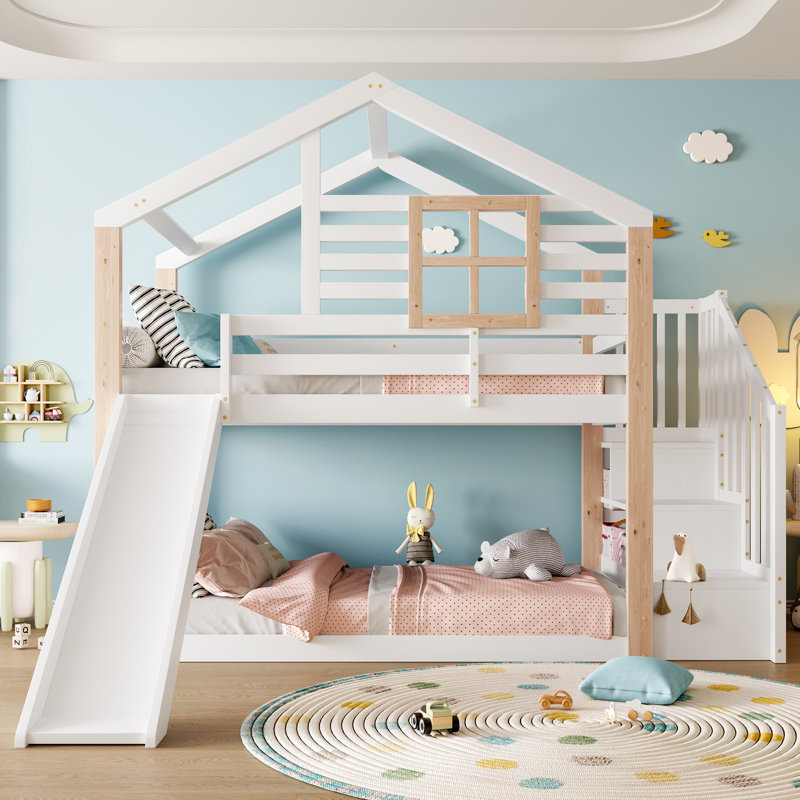 3ft Single House Bunk Bed with Slide & Storage Stair