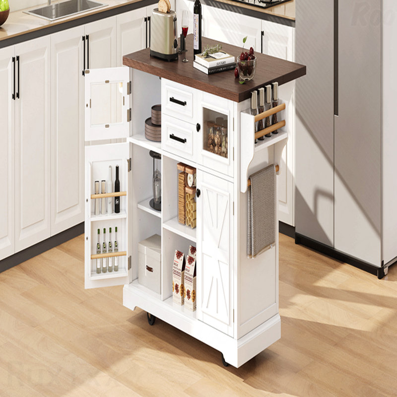 Îlot de cuisine de 54,9 po avec abattant, prise de courant, chariot de rangement de cuisine avec 4 tablettes de porte, portes de grange croisées et porte en verre visuel, îlot de cuisine roulant sur 4 roues pour la cuisine, la salle à manger