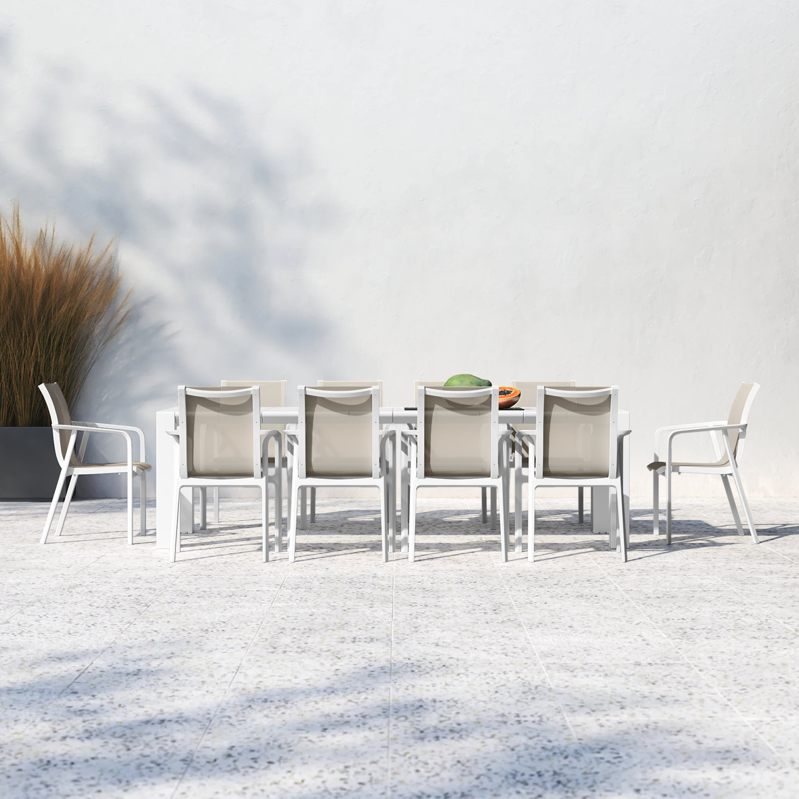 Farrah 118" Patio Dining Set, White/Taupe