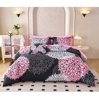 Koniroom 8 Piece Black and Pink Floral Bedding Comforter Set, Reversible Flower Bed in a Bag