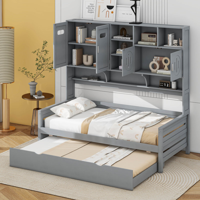 Lit plateforme avec lit gigogne simple, armoire et tablette tout-en-un, Lit simple, gris